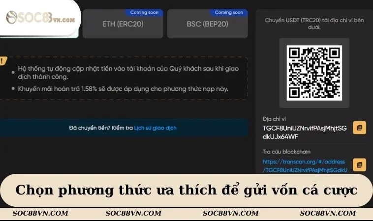 Chọn phương thức ưa thích để gửi vốn cá cược